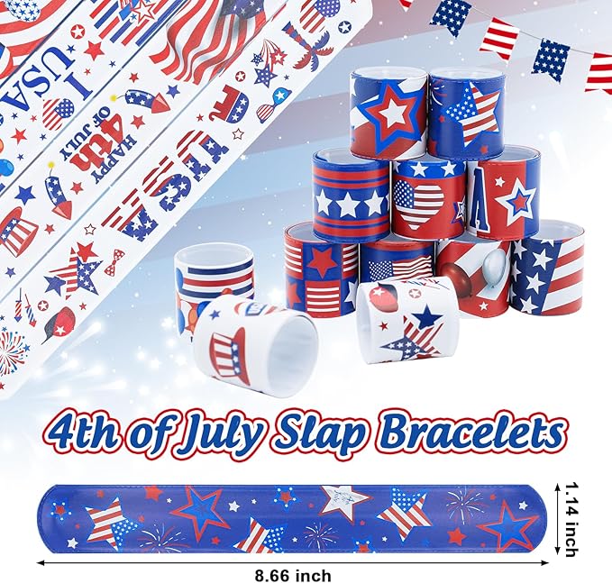 4th of July Party Favors Slap Bracelets for Kids 36PCS Red White and Blue American Flag Patriotic Snap Bracelet Bulk Independence Day Party Supplies Fourth of July Kids Toys Gifts Classroom Prizes