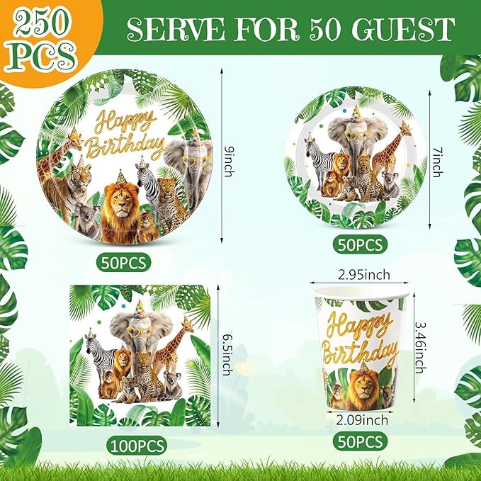 250 Pcs Safari Birthday Decorations for 50 Guest, Jungle Animals Paper Plates Napkins and Cups for Wild Animals Lion Tiger Zoo Theme Party Supplies