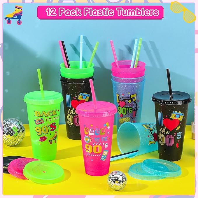 12 Pcs 90s Party Cups with Lids and Straws, 24OZ 90s Theme Party Decorations Drinking Cups Bulk for Retro Music Party Supplies Throwback Dance Birthday Party Supplies