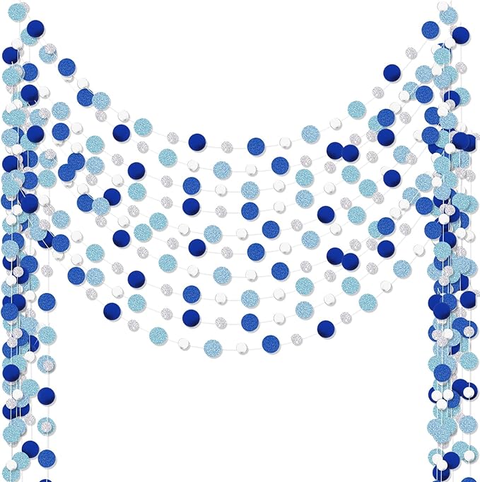 Outus 10 Pieces Silver Round Dots Garland Easter Graduation Party Hanging Decor Each Length 13.1ft Glitter Paper Dot Streamers for Birthday Wedding Classroom (Blue)
