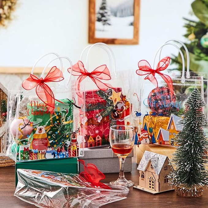 Henoyso 24 Pcs Christmas Village Clear Gift Bags Plastic Candy Treat Goodie Bags Gingerbread Santa PVC Wrap Totes with Handles and Ribbon Xmas Party Favors, 7.8 x 7.8 x 3.1 Inch