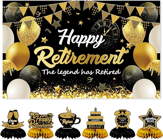 Retirement Party Decorations Kit for Men Women, Black Gold Happy Retirement Banner with 6PCS Honeycomb Centerpiece,5.9 x 3.6Ft, Black Gold Office Yard Sign for Farewell Decorations Party Supplies