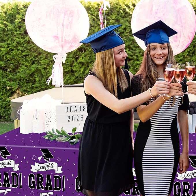 QZYL 2 Pcs Graduation Tablecloth, 108" X 54" Plastic Graduation Decorations 2026, Rectangle Purple Table Cloths for Grad Decor Party Supplies, Disposable Tablecover for Class of 2026 Congrats Grad