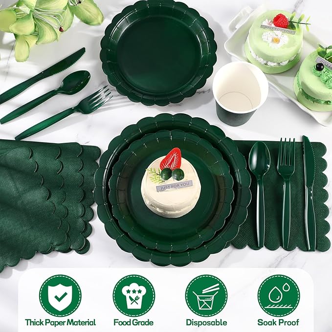 Dark Green Plates and Napkins, 25 Guest Green Party Supplies Include Christmas Plates Napkins Cups Plastic Spoons Forks Knives for Thanksgiving, Christmas, Birthday