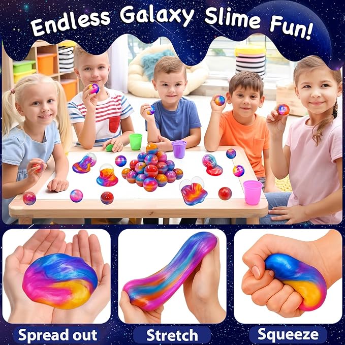 24 Pack Easter Galaxy Slime Party Favor, Galaxy Slime Balls Stress Relief Easter Hunt Filling Treats Classroom Easter Basket Stuffers Classroom Prize Gifts for Kid Teens Boy Girl