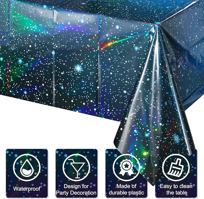 12Pcs Iridescent Space Tablecloths, Disposable Plastic Blue Galaxy Table Cloth Rectangle Table Covers for Space Starry Night Star Theme Party Birthday Party Decorations, 54x108 Inch