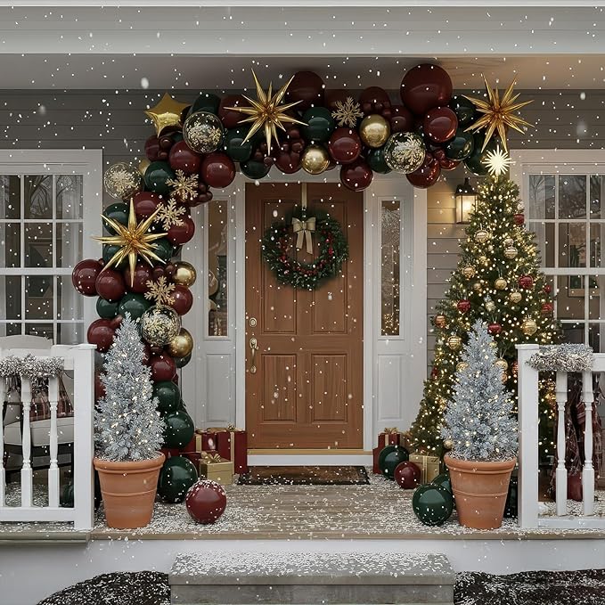 Christmas party decorations with Maroon Hunter Green Gold confetti Balloon arch & foil Star balloons & Artificial Snowflake Xmas Garland for Winter friendsmas new year party decorations (Maroon)