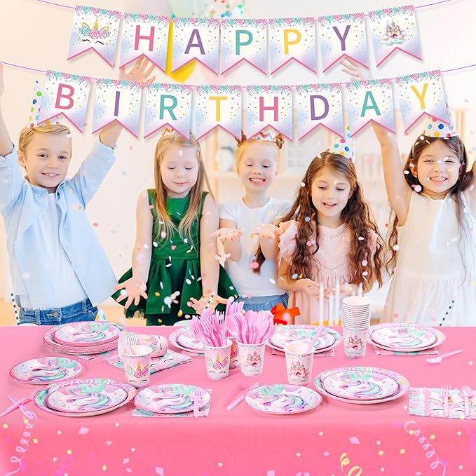 171Pcs Unicorn Birthday Party Supplies with Plates Cups Napkins Cutlery, Unicorn Birthday Decorations with Unicorns Banner and Tablecloths, 24 Serves Pink Disposable Tableware for Party Decor