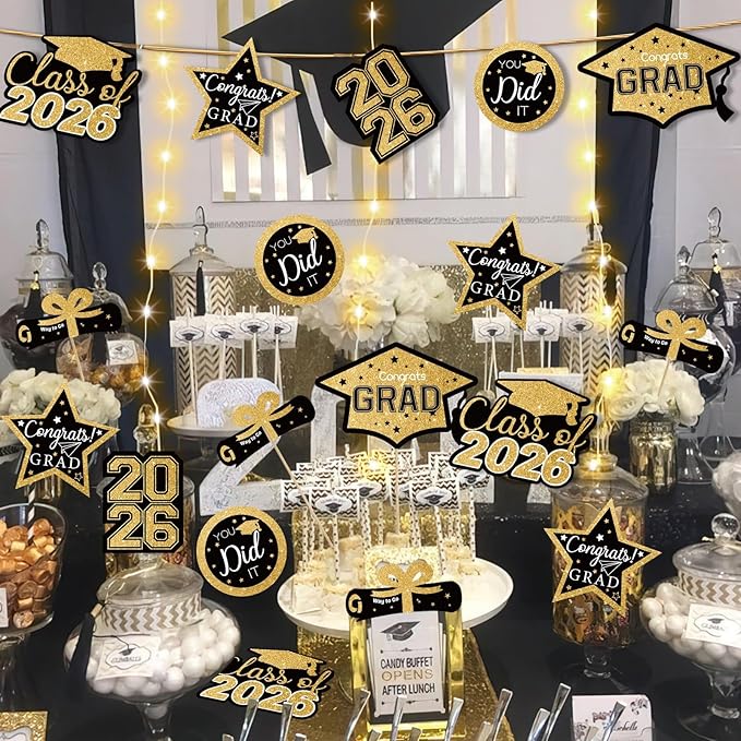 OuMuaMua Graduation Decorations Class of 2026-30pcs Black and Gold Graduation Table Centerpieces Sticks Table Toppers with Lights for College High School Congrats Grad Party Supplies
