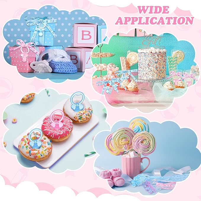 Coume 36 Pcs Shower Party Pacifiers Necklace Acrylic Pacifiers Charm Necklace for Shower Party Decorations Gender Reveal Table Scatter(Blue, Pink)