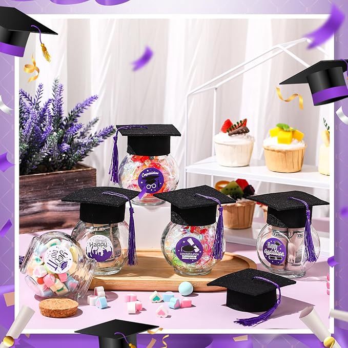 20 Sets Glass Graduation Cap Candy Jars Class of 2026 Graduation Party Decorations Candy Boxes Containers with Sticker for 2026 Grad Ceremony Party Supplies DIY(Purple)