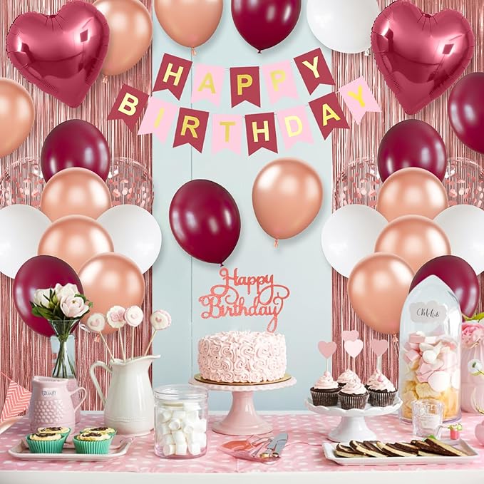 Burgundy Birthday Decorations,Happy Birthday Banner Wine Red Balloons Fringe Curtain Heart Foil Balloons for Women Girl