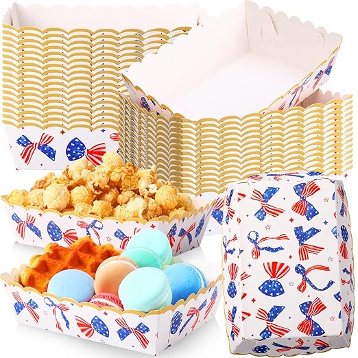 36 Pack Patriotic Plates Paper Food Trays Patriotic Food Boats Disposable American Flag Nacho Snack Taco Hot Dog Holder Serving Trays for Labor Day Veteran Day Party Decor Supplies(Bow)