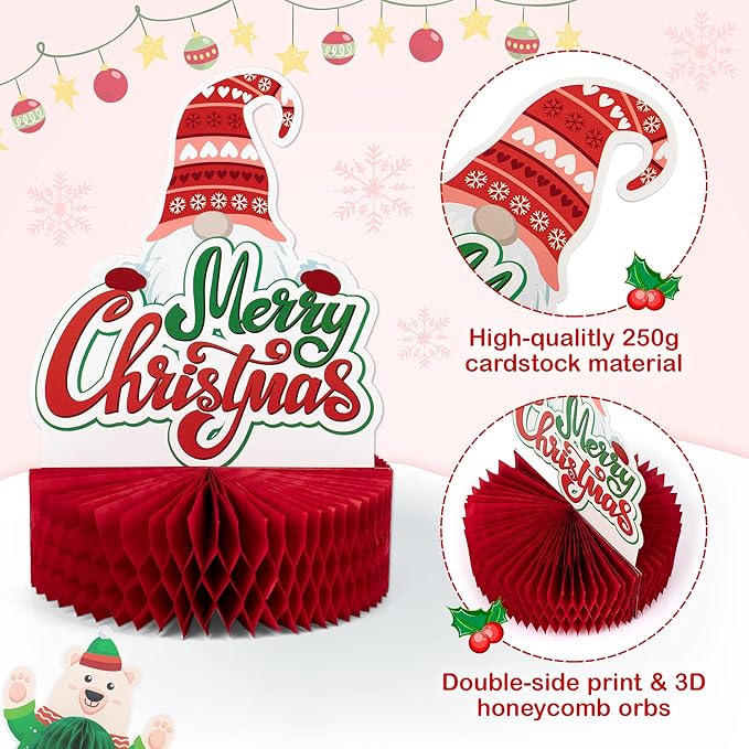 Mocoosy 12 Pack Christmas Party Honeycomb Centerpieces for Table Decorations, Xmas Center Pieces Table Topper with Gnome Santa Snowman Tabletop Centerpieces Decor Holidays Winter Office Party Supplies