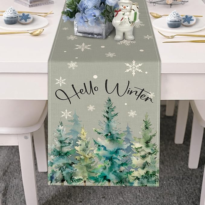 Hello Winter Pine Tree Grey Dining Table Runner, Watercolor Snowflake Burlap Kitchen Decoration, Farmhouse Christmas Indoor Outdoor Home Decor Party Supply 13 x 72 Inches
