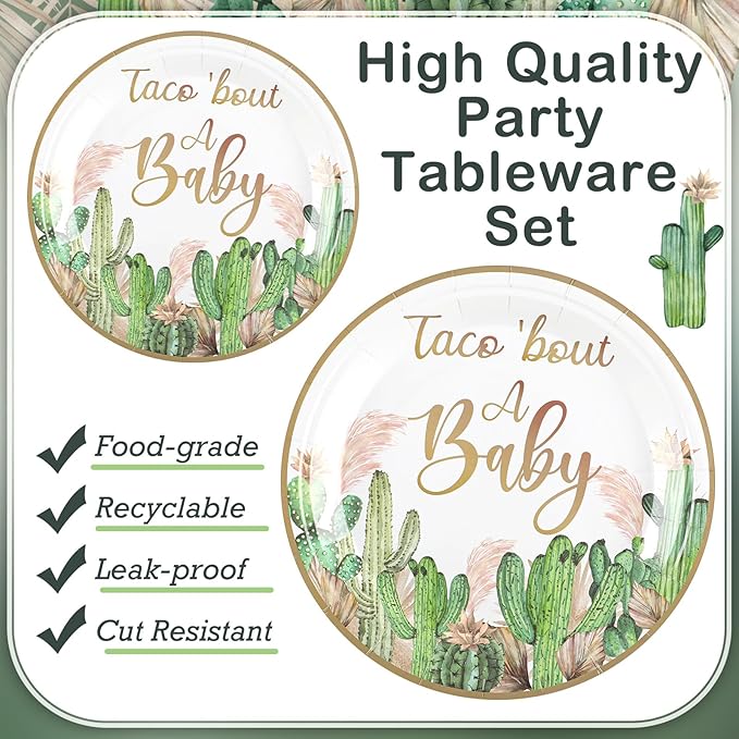 350 Pcs Taco' Bout A Baby Party Decorations Cactus Taco Pampas Grass Baby Shower Party Tableware Set Disposable Plates Cups Napkins Cutlery for Birthday Baby Shower Wizard Party, Serve 50