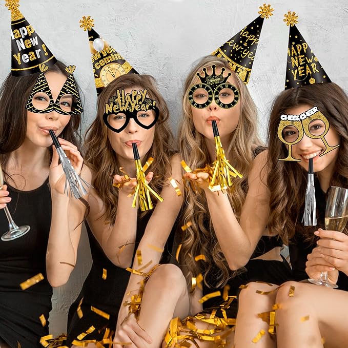 Openfly 24Pcs New Years Eve Party Supplies 2026 Happy New Years Party Headband Hats New Year Glasses New Year Noise Makers