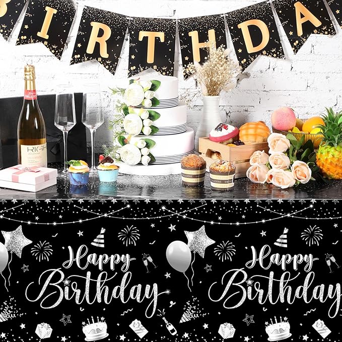 Tudomro 1 Pcs Happy Birthday Tablecloths Happy Birthday Party Decorations Plastic Table Cover Rectangular Cloths for Women Men Baby Shower Party Supplies, 108 x 54 Inch (Black Silver)