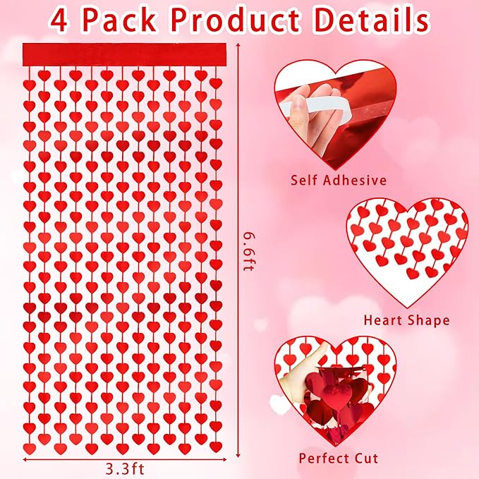 Valentines Day Decorations, 4 Pack Valentines Day Backdrop Garland, Red Heart Foil Fringe Tinsel Backdrop Streamer for Wedding Anniversary Birthday Valentines Party Decor