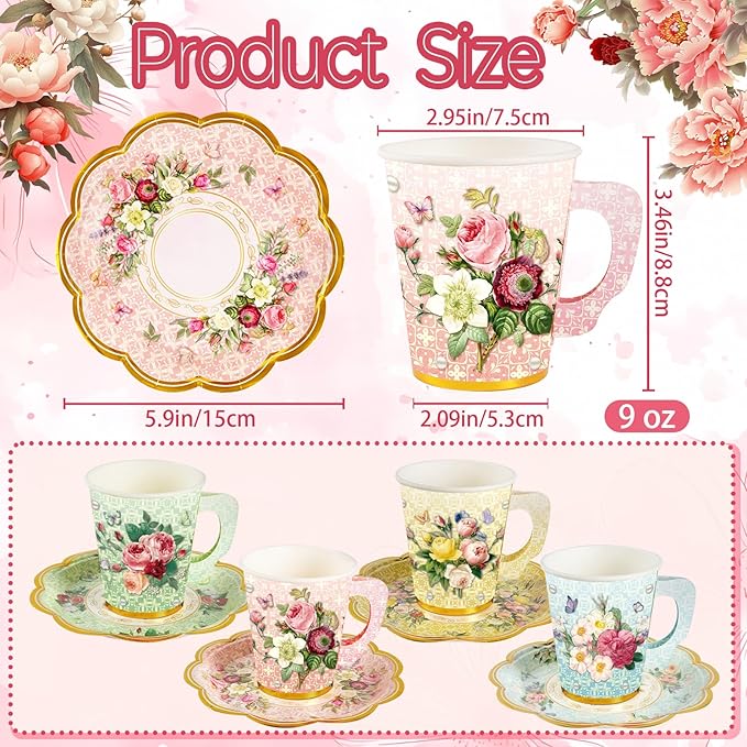 140PCS Spring Tea Party Decorations, Floral Paper Tea Cups & Saucer Set, Disposable Floral Cups With Handle Napkins Plates Knives Forks for Girls Kids Afternoon Tea Birthday, Wedding Party Supplies