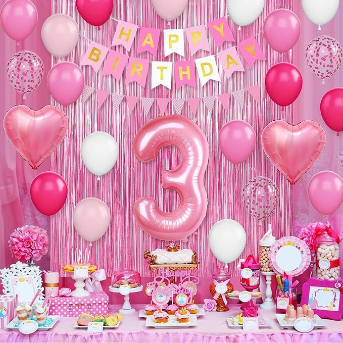 3rd Birthday Decorations for Girls: Hot Pink Balloons, Happy Birthday Banner, Fringe Curtain, Triangle Bunting, Cake Topper, Foil Heart Balloons, Glue, Ribbon