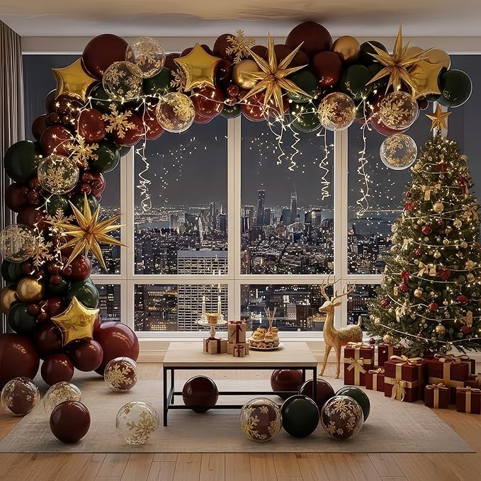 Winter Christmas Garland decorations with Maroon Hunter Green Gold confetti Balloon arch & Foil Star balloons & Artificial Snowflake Xmas Garland for wine red friendsmas new year party decorations