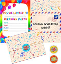 36 Kids Childrens Birthday Party Invitations with Folding Envelope Design and Holographic Stickers (Rainbow)