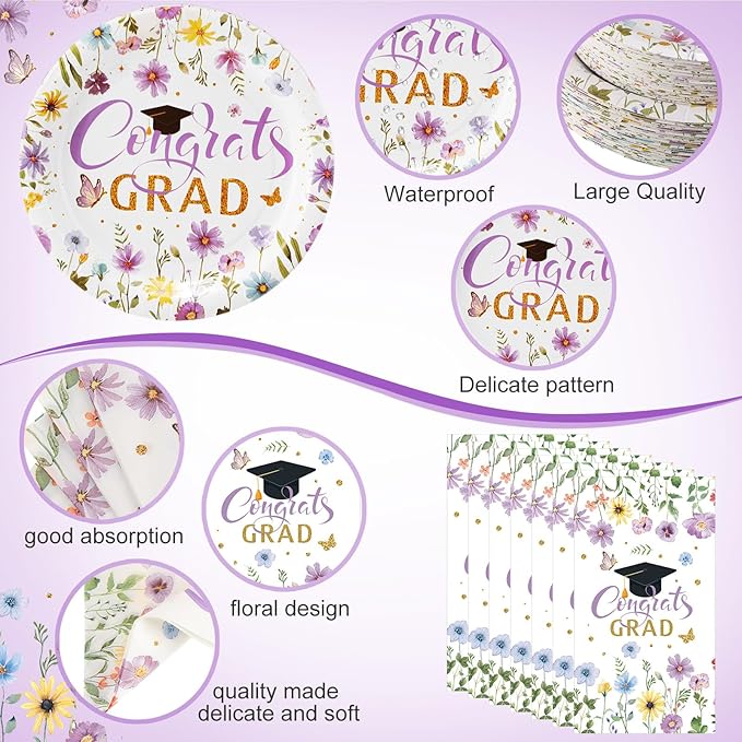 400 Pcs Class of 2026 Purple Floral Graduation Decoration for 50 Guests, Purple Gold Flower Graduation Paper Plates Napkins Cups Cutlery Grad Tableware for 2026 Congrats Grad Party Supply