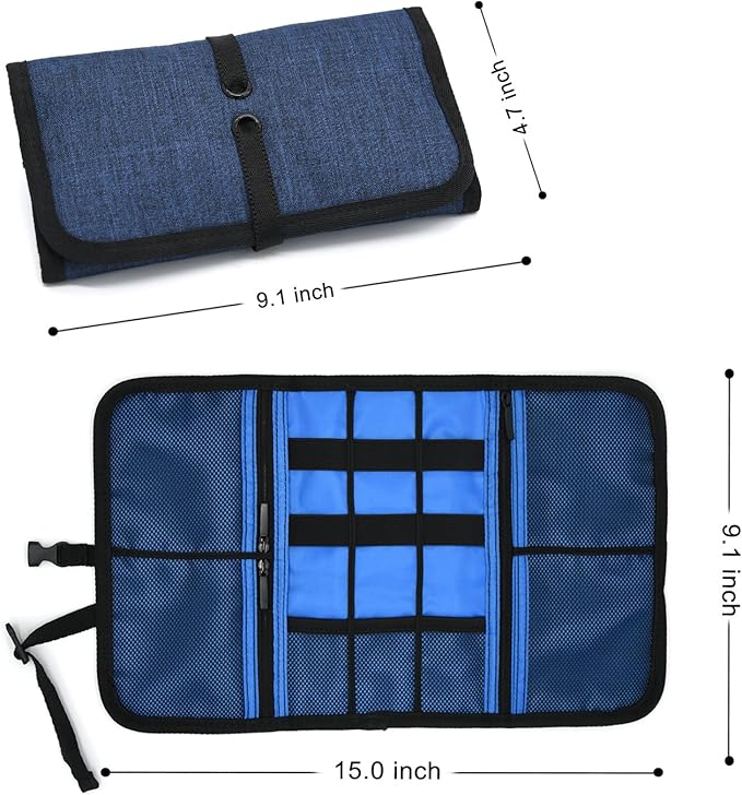 Patu Roll Up Electronics Accessories Travel Gear Organizer Case, Portable Universal External Batteries Hard Drives Cables Cosmetics Kit Bag, Navy