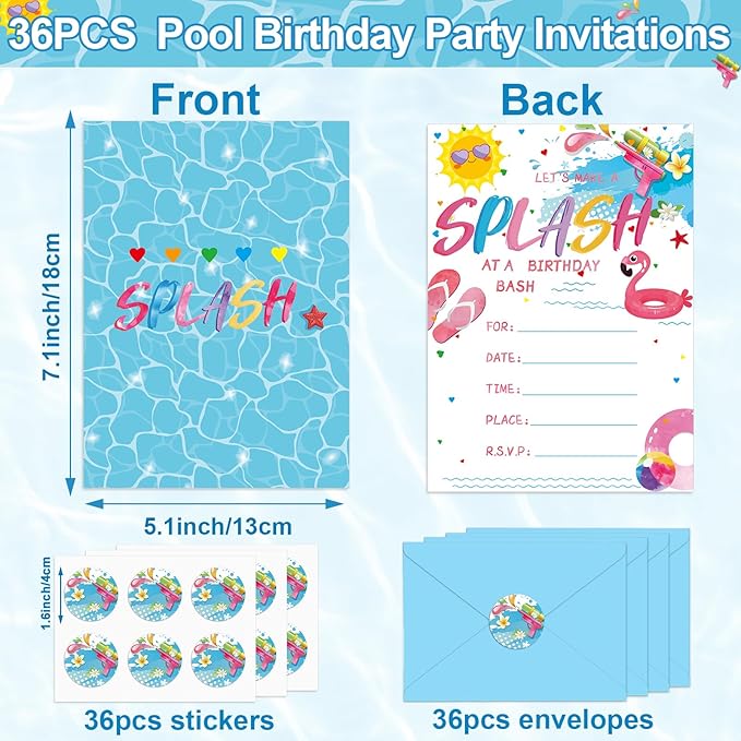 Qyeahkj 36pcs Pool Birthday Party Invitations for Girls Swimming Pool Party Invitation Card with Envelopes and Stickers for Kids Boys Baby Shower Summer Hawaiian Beach Party Favor Supplies Decorations