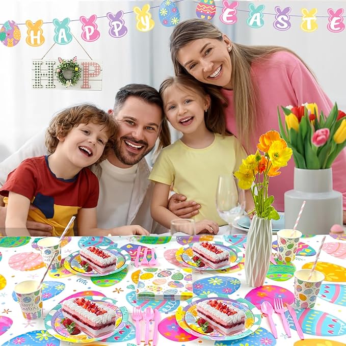 194Pcs Easter Paper Plates & Napkins Sets, Easters Dinnerware/Tableware Sets Including Cups Straws Plastic Cutlery Banner Disposable Tablecloth for Easter Party Supplies Decor,Serves 24 Guests