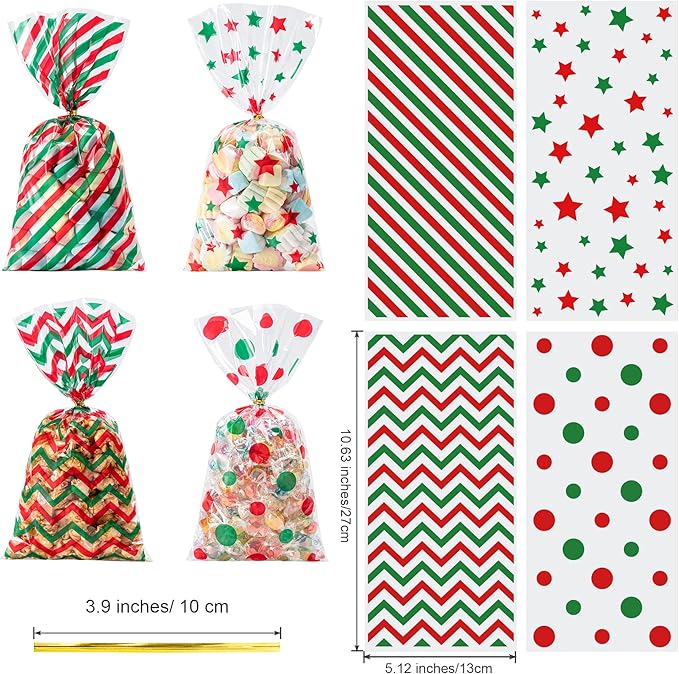 Aegero 120 Pcs Christmas Cellophane Treat Bags, Xmas Gift Candy Goodies Bags with 140 Pcs Twists for Xmas Party Favor Supplies,Kids Party Favors,Snacks Cookies Packing(10.63 x 5.12 inches,Red/Green)