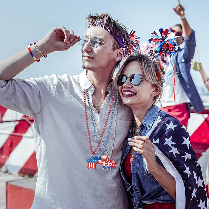 20 Pcs 4th of July Party Favors Accessories Include 1 Pc Headband, 3 Pcs Red White Blue Beaded Necklaces, 1 Sunglasses, 5 Pcs Bracelets, and 10 Stickers for Independence Day Memorial Day Celebrations