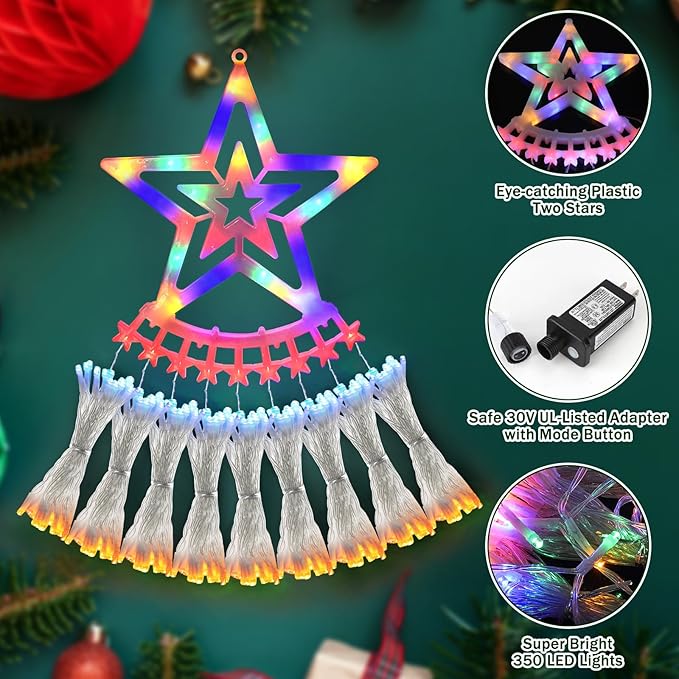 Christmas Decoration Lights, Outdoor Christmas String Lights 320 LED 11.5 Ft Waterfall Tree Light with Big Star Topper 8 Light Modes for Xmas New Year Holiday Garden Yard Indoor Outdoor Decor