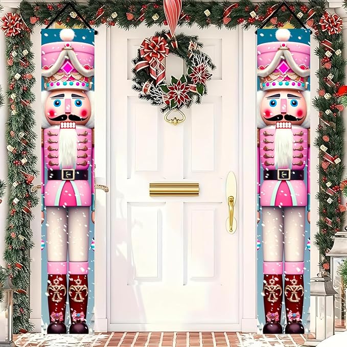 Pink Nutcracker Christmas Porch Banners 71x12 Inch Holiday Door Banner Decorations Hanging Soldier Welcome Signs for Xmas Indoor Outdoor Winter Front Door Party Décor