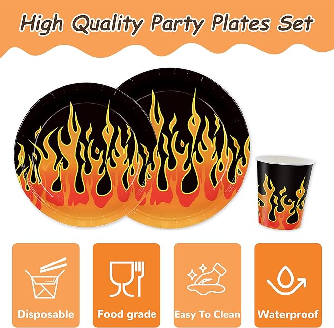 168PCS Flame Racing Party Supplies for Kids Boys Fire Plates and Napkins for Birthday Party Decorations Motorcycle Themed Baby Shower Paper Plates Tableware 24 Guests