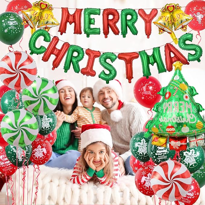 Outdoor Christmas Decorations Indoor, Christmas Ornaments with Merry Christma Balloons Banner with Candy Balloon, Small Bell Balloons, Tree Balloon for Christma Party Decorations