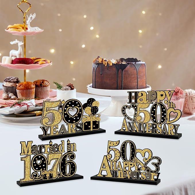 Eiurteao 4 Pieces 50th Anniversary Decorations Married in 1976 Wooden Table Sign, Black Gold Happy 50 Wedding Anniversary Table Centerpieces Party Supplies, Cheers to 50 Year Anniversary Table Decor