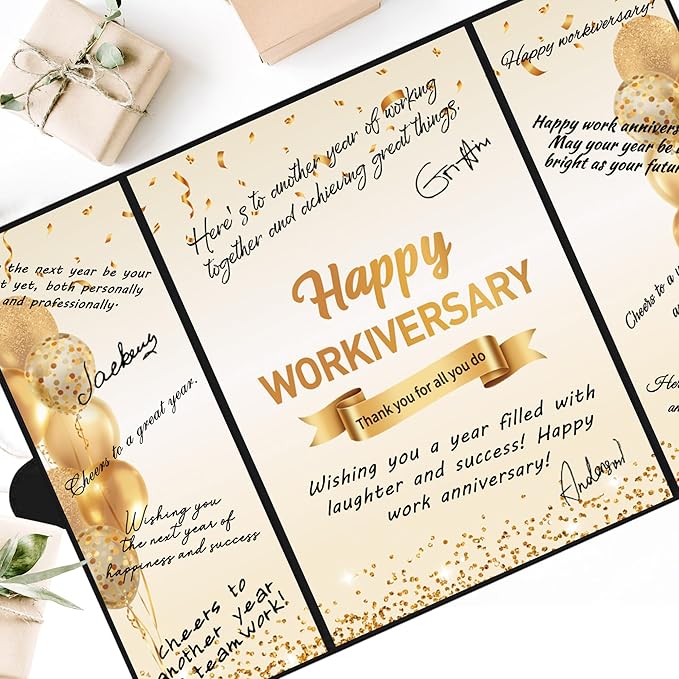 DARUNAXY Black Gold Happy Workiversary Party Decorations, Happy Work Anniversary Alternative Signature Guest Book for Men Women Employee Business Gifts Signing Card Board for Office Supplies