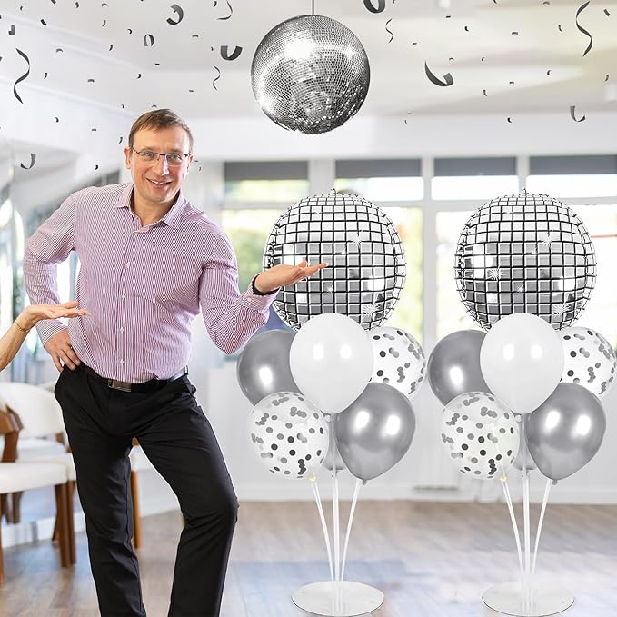 Disco Ball Party Balloons Stand Kit 2 Sets with 2 Silver 4D Discoball Foil Balloon Disco Ball Centerpiece for Tables 70s 80s 90s Dance Themed Birthday Decorations Silver White Party Supplies