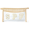 Boho Patch Cosmetic Bag - Summer Gifts SPF Chenille Varsity Letter Toiletry Kit Beige Clear Waterproof Travel Makeup Bag PVC Zipper Clutch Daily Use Purse for Women Girls