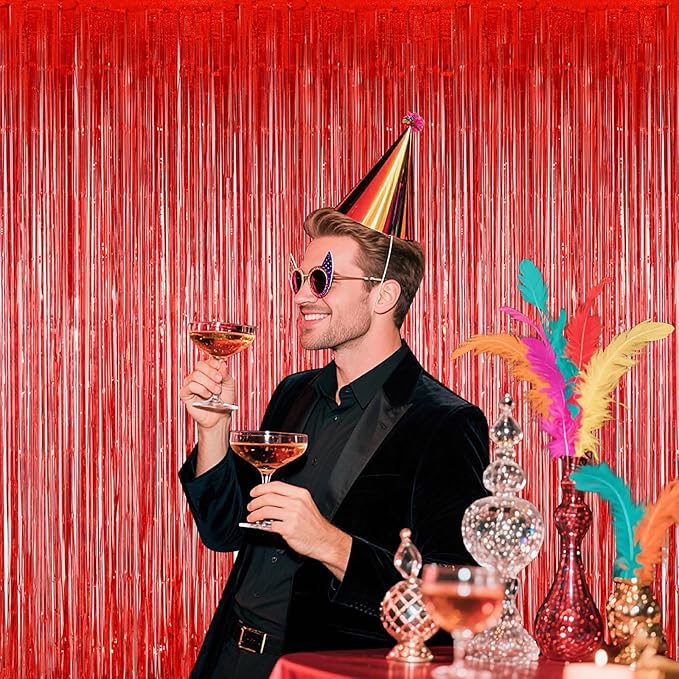 Red Foil Curtains for Birthday Parties, 3.28 x 6.56ft Shiny Metallic Tinsel Backdrop with Fringe | Easy to Hang, Reusable Party Supplies for Home, Stage, Photo Booth