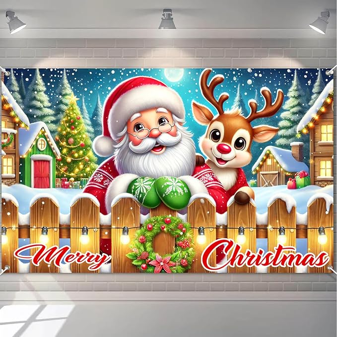 Merry Christmas Santa Reindeer Banner 71x43 Inches Merry Christmas Tree Scene Banner Holiday Photography Background Indoor Outdoor Seasonal Party Wall Decoration Winter Backdrop