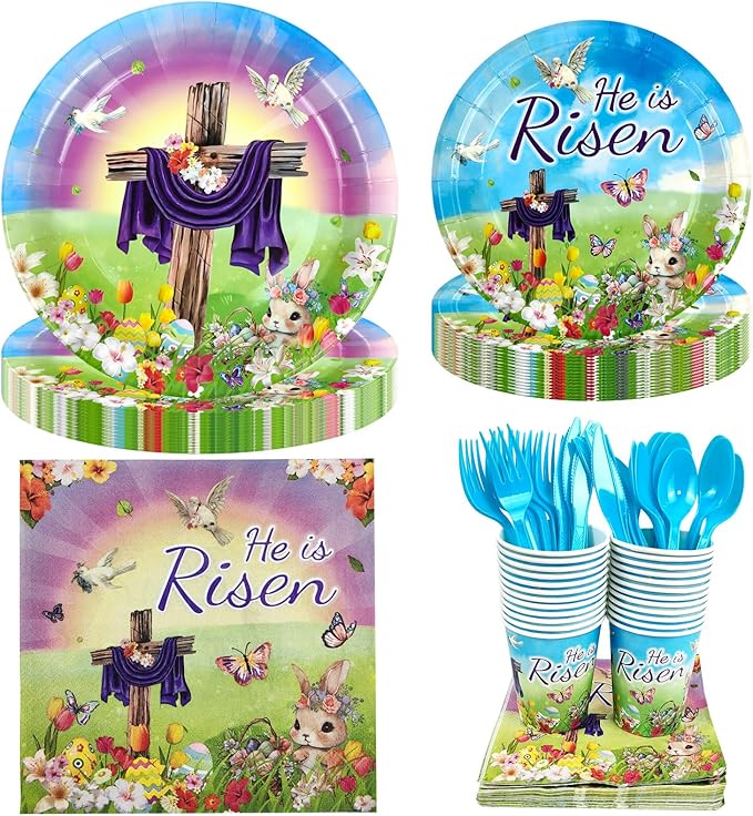 Easter He is Risen Party Tableware Set for 24 Guests Including Dinner Dessert Plates, Lunch Napkins, Cups, Knife, Fork and Spoon for Easter Party Celebration Supplies Decorations