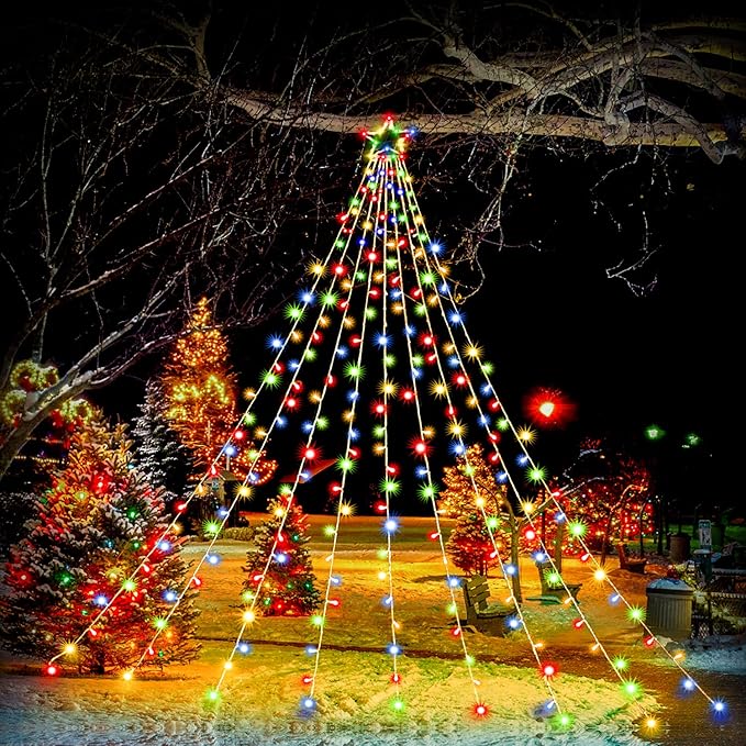 PUHONG Christmas Lights, Decorations Star Lights, 320 LED Christmas Tree Lights Outdoor, Outdoor String Lights, 8 Light Modes with 12" Lighted Star for Xmas New Year (Iron-Multicolor)