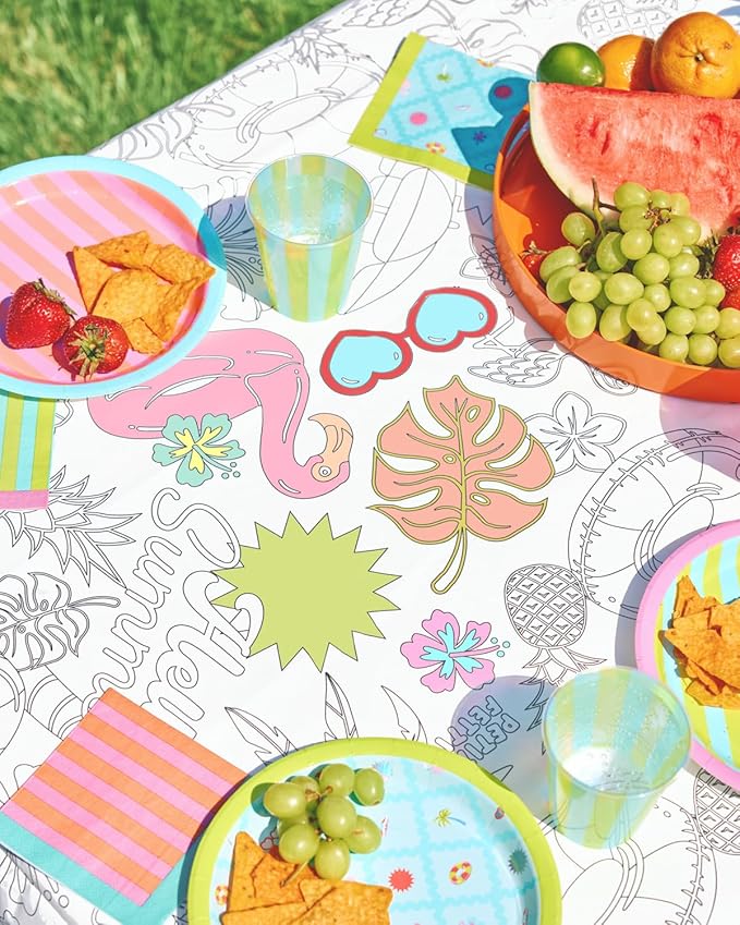 xo, Fetti Pool Party Paper Coloring Tablecloth - 9' x 4.5' | Summer Tablescape, Palm Tree Dinner Party Setting, Kids Birthday Decoration, Cute Tablecover, Beach Table DIY