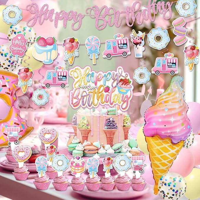 Sweets Birthday Party Decorations for Girls- Pastel Ice Cream Party Supplies, Donut Balloons Happy Birthday Banner Cupcake Topper Candy Theme Birthday for Baby Shower Wedding