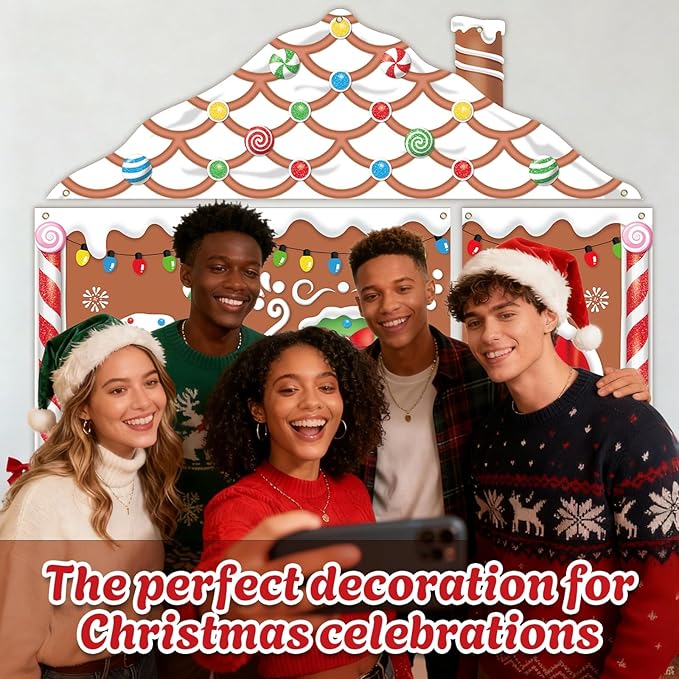 4pcs Gingerbread House Door Cover Decorations, Christmas Gingerbread Door Banner Backdrop for Christmas Holiday Party Decor, 110.24 * 98.43 in