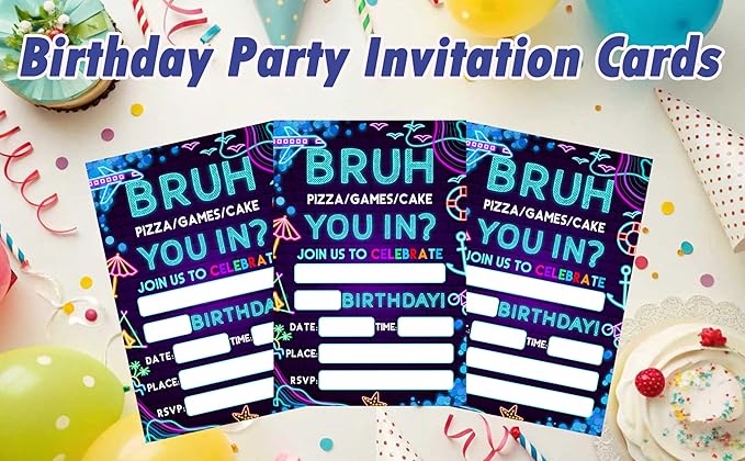 CLIRBE Bruh Birthday Party Invitations, Glow Neon Invited Birthday Invitations For Brother Bro Teen Boys, 20 Invites Cards With 20 Envelopes, Party Supplies Favors -H04