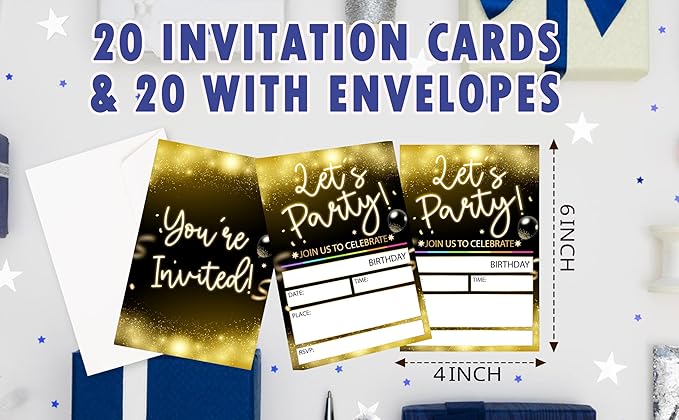 CLIRBE Let's Party Birthday Party Invitations, Golden And Black Invited Birthday Invitations For Teen Boys Girls, 20 Invites Cards With 20 Envelopes, Party Supplies Favors -H13